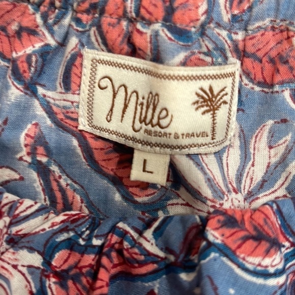 MILLE Block Print Floral Ruffle Shoulder Top SZ L Blue Pink - Picture 5 of 7